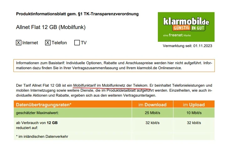 Klarmobil Netz HInweis Telekom
