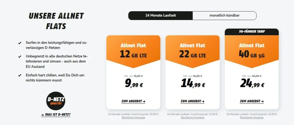 D-Netz Kennzeichnung bei den Klarmobil Flat